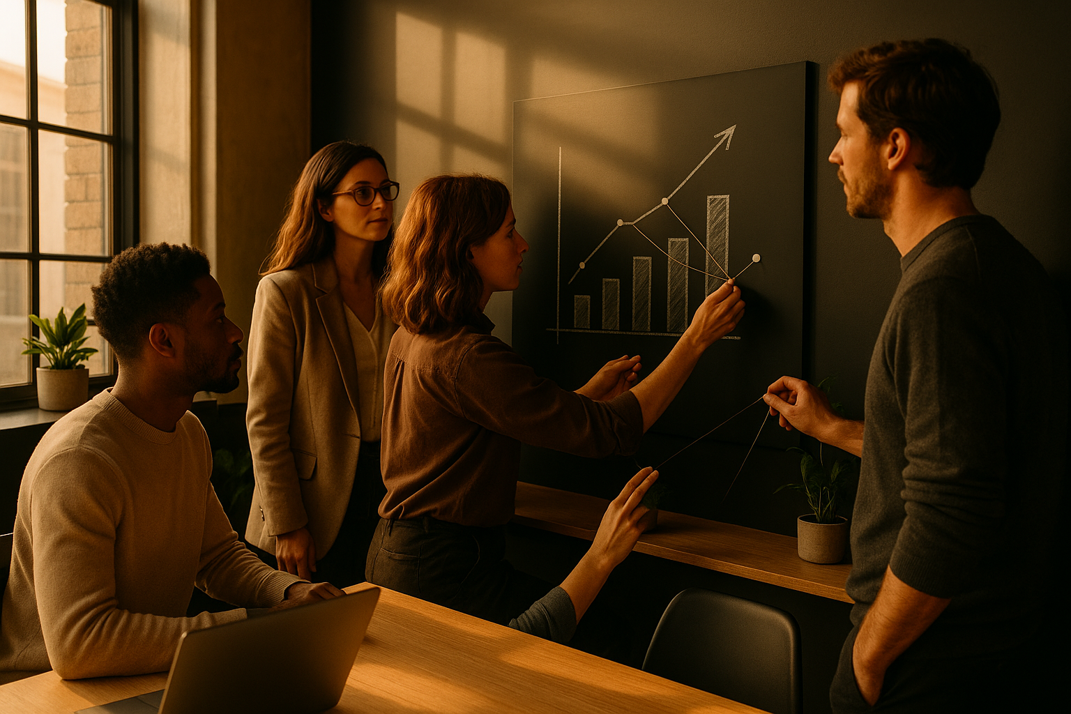 Group at eye level sketching growth charts on blackboard in modern loft with warm lighting.