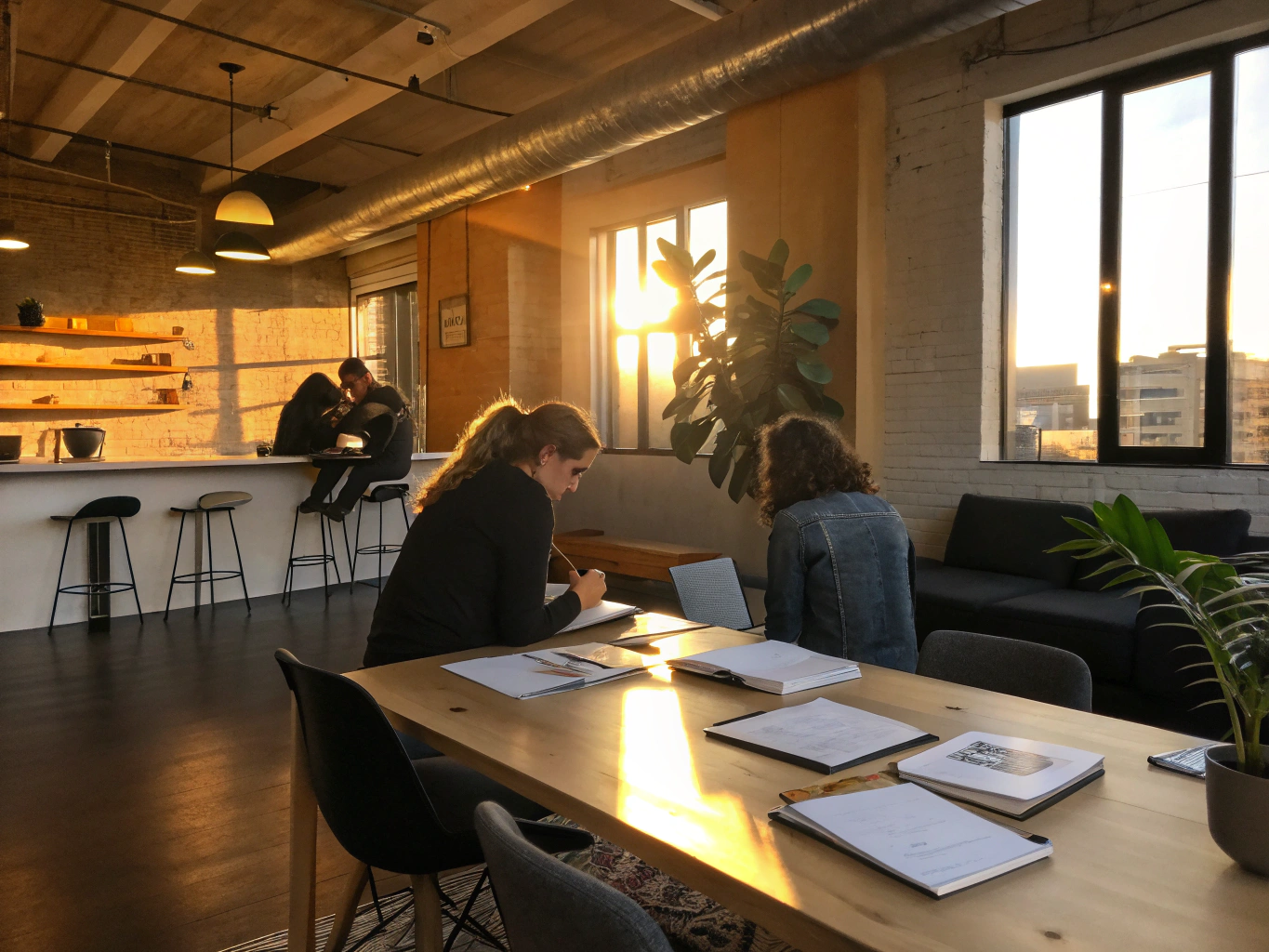 Group collaborating around a table with notebooks, charts, and papers in a modern loft.