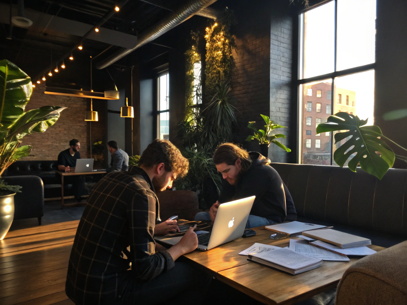 Group collaborating around laptop in modern, well-lit co-working loft with plants and minimal decor.
