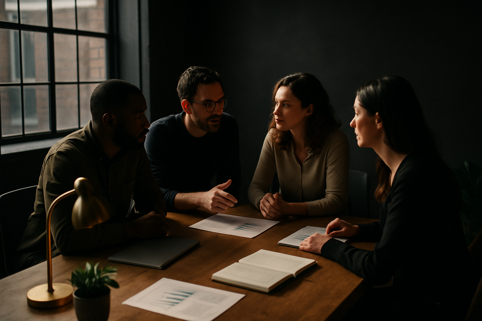 Group discussing around a wooden table in a modern loft with warm afternoon light.