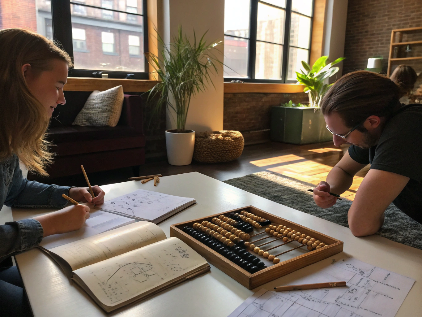 Group discussing strategic decision-making around a table in a modern loft.