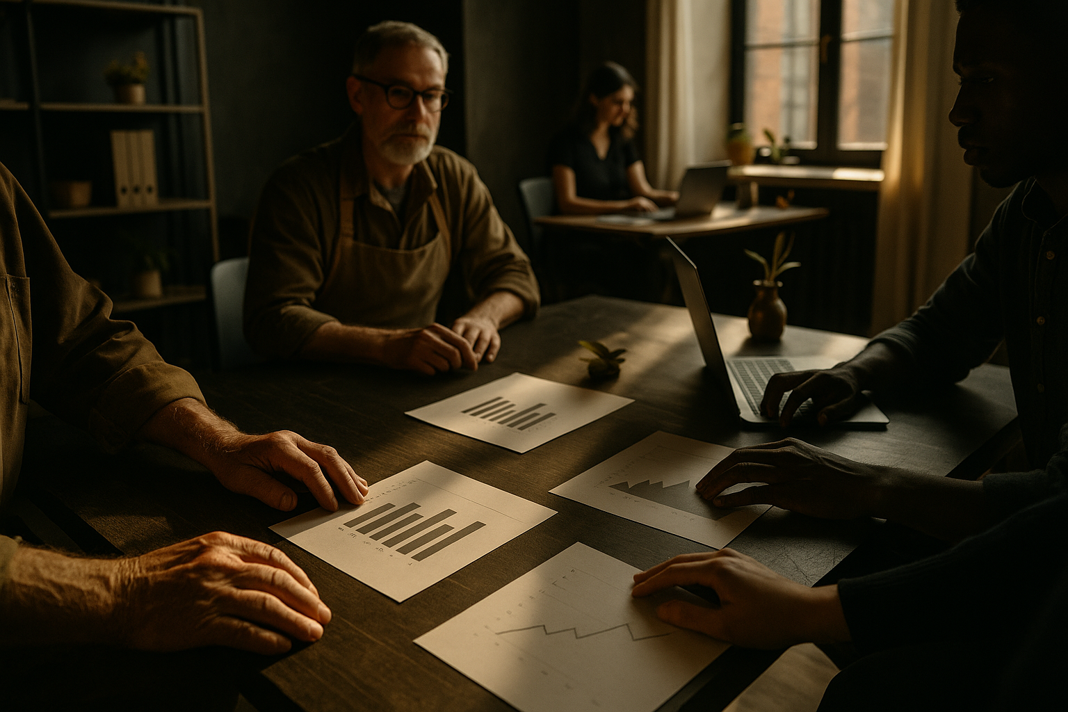 Group of diverse hands over charts in a modern, warmly lit co-working loft.