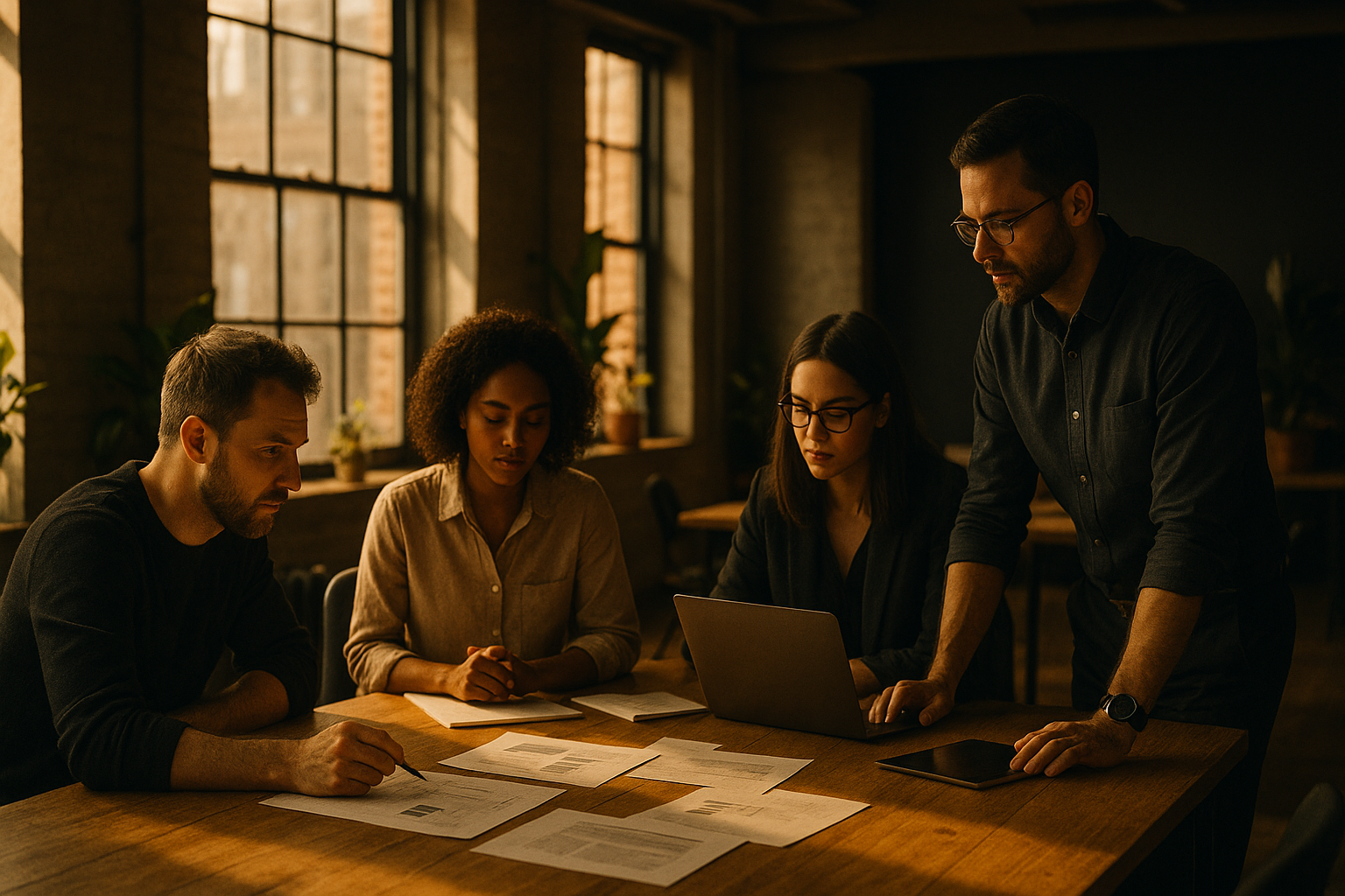 Group of focused professionals collaborating around a wood table in a bright, modern co-working loft.