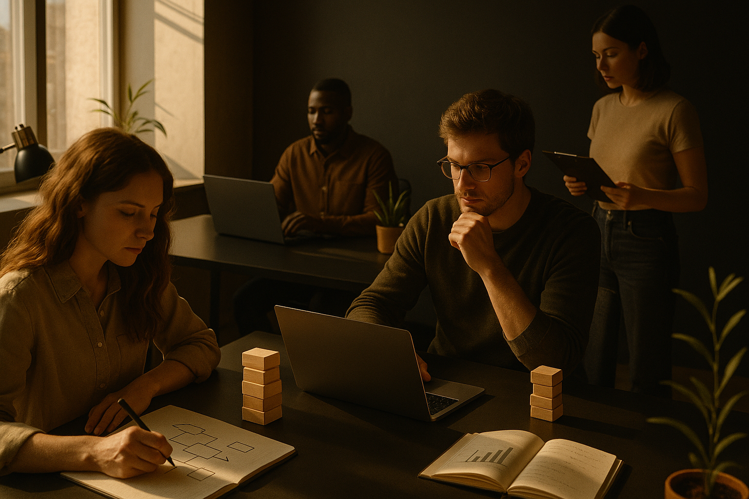 Group of focused professionals in a modern loft with flow symbols and natural decor.