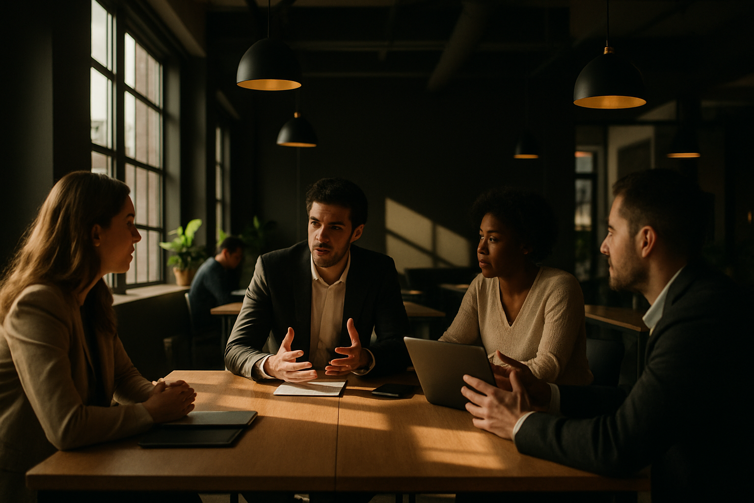 Group of people engaged in focused discussion in modern, well-lit co-working loft with plants and gold accents.