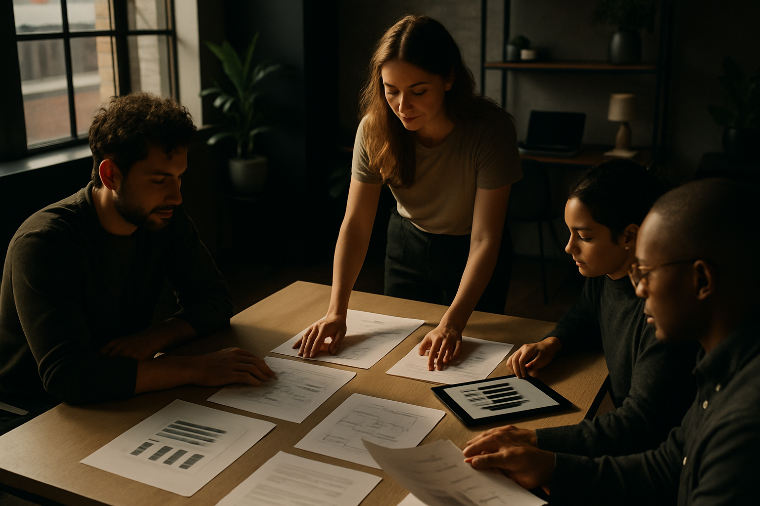 Group of people organizing papers and tablets in a modern, well-lit co-working loft.