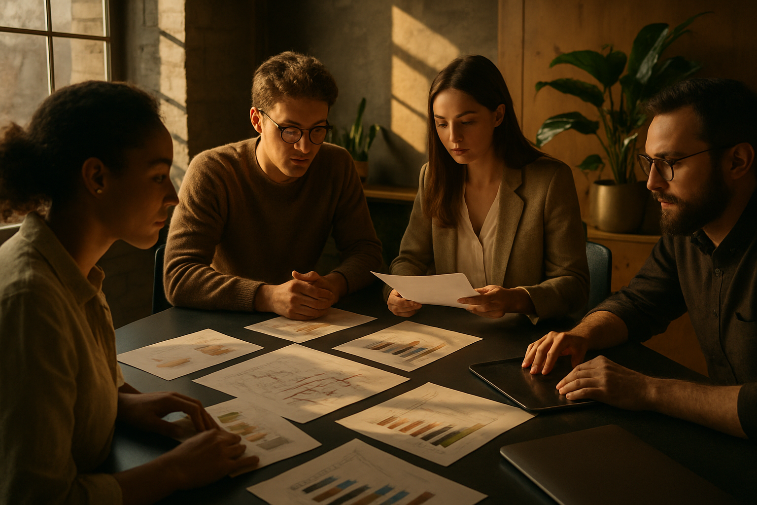 Group of professionals analyzing charts and notes in a modern, warmly lit loft office.