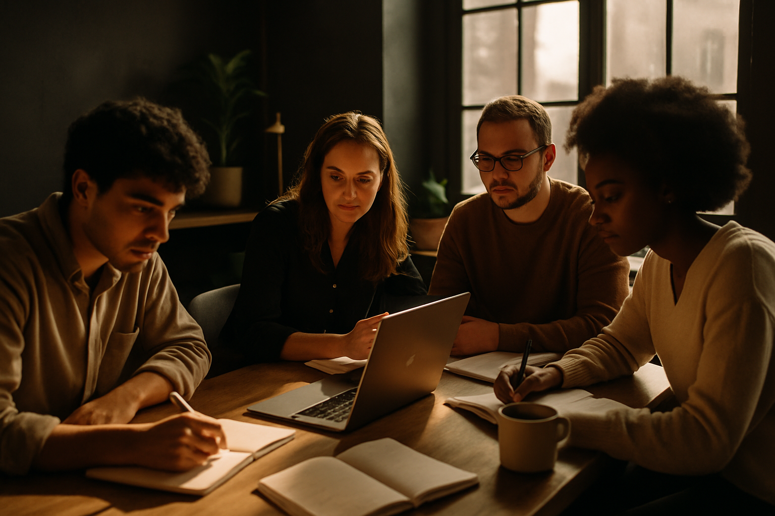 Group of professionals collaborating in a modern loft with notebooks, laptop, and coffee.