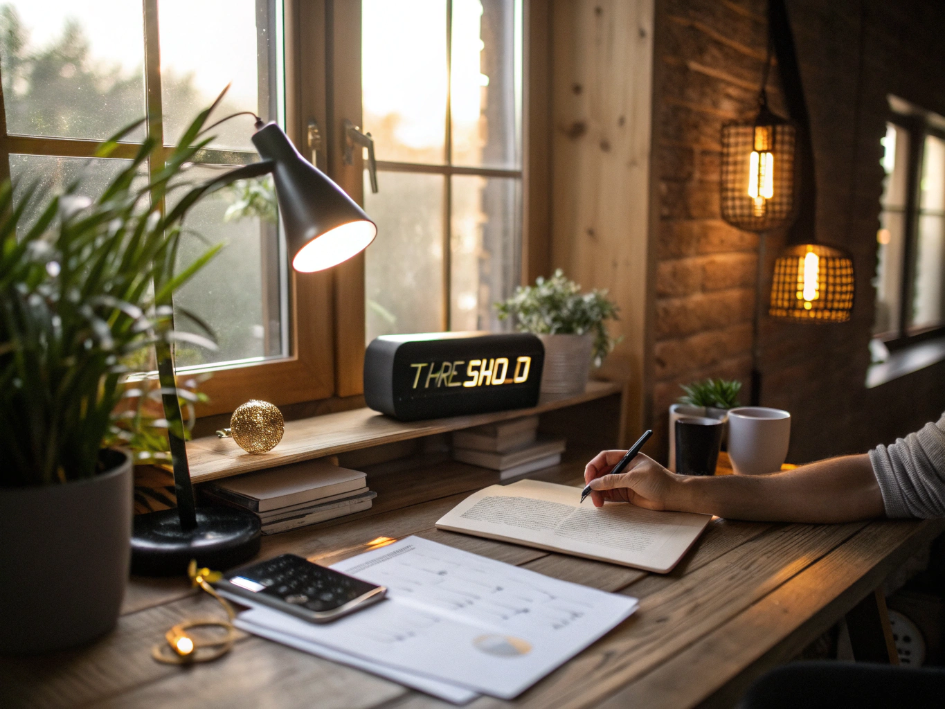 Hand adjusting analog dial with notes and glowing lamp in modern loft workspace.