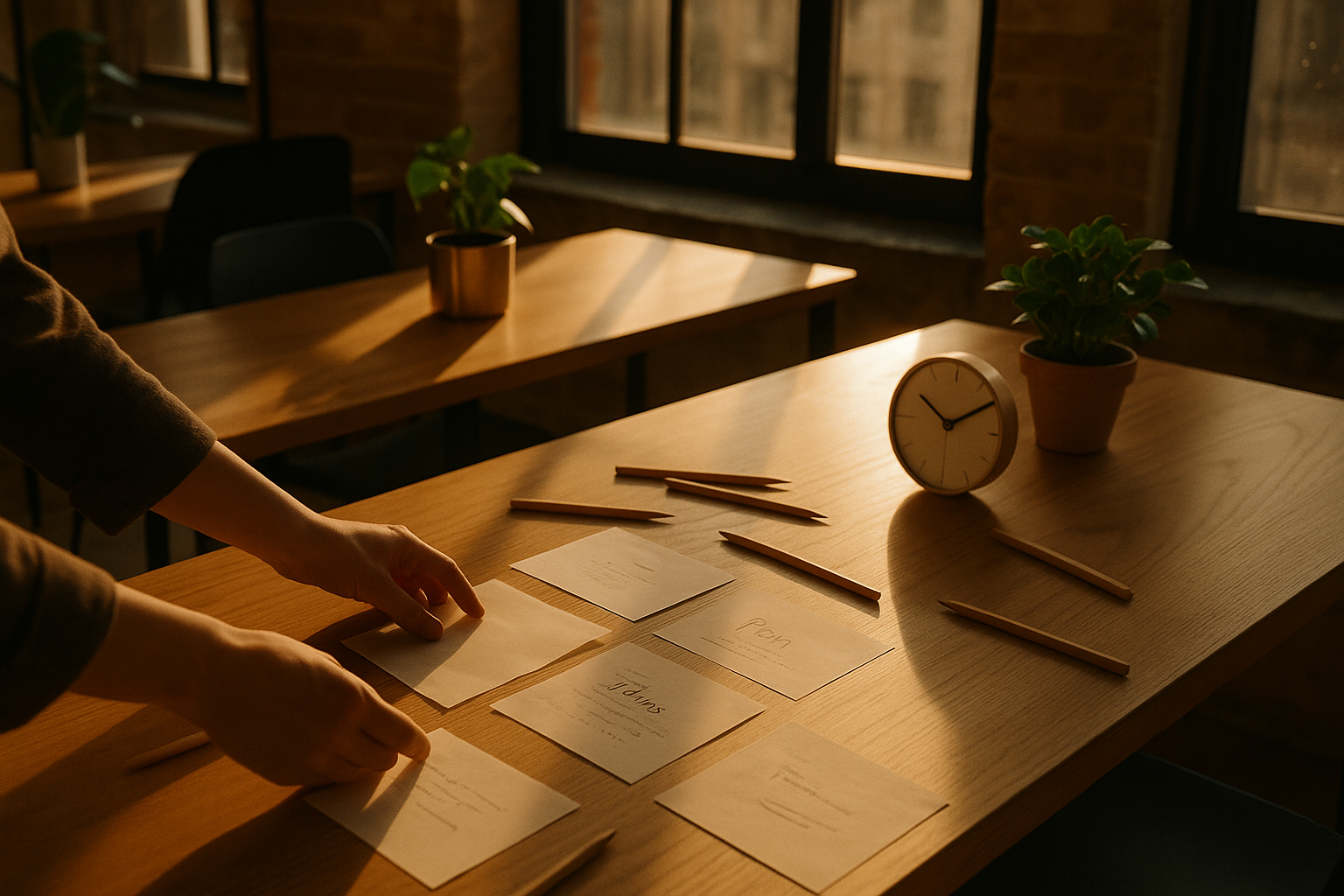 Hands arranging translucent papers and notes on a wooden table in a modern loft.
