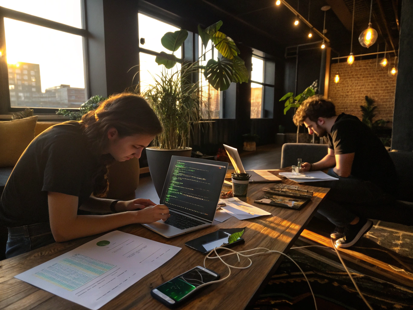 Hands gesturing over charts and code in a modern, well-lit co-working loft workspace.