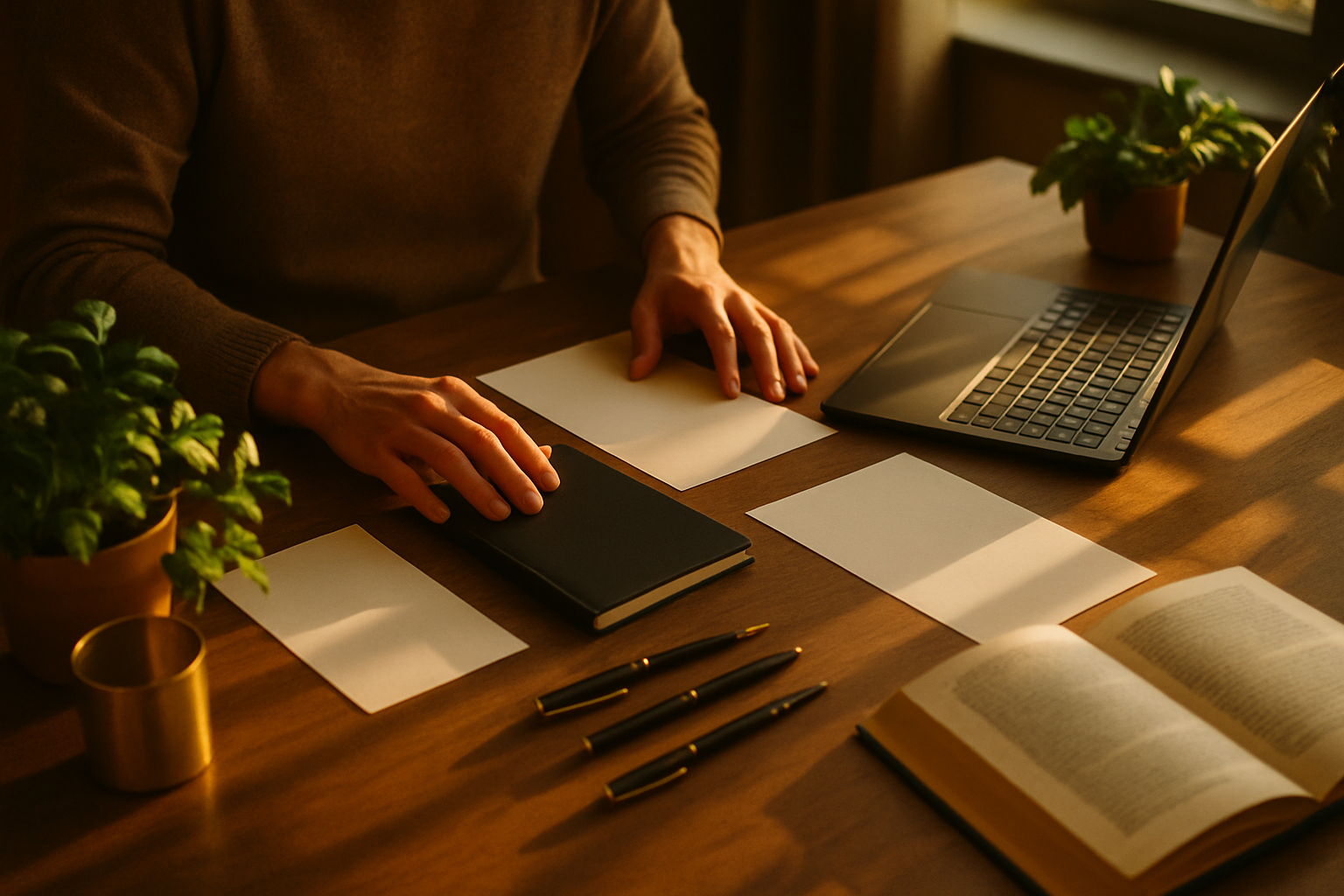 Hands hover over papers and notebook in a modern home office with plants and gold accents.