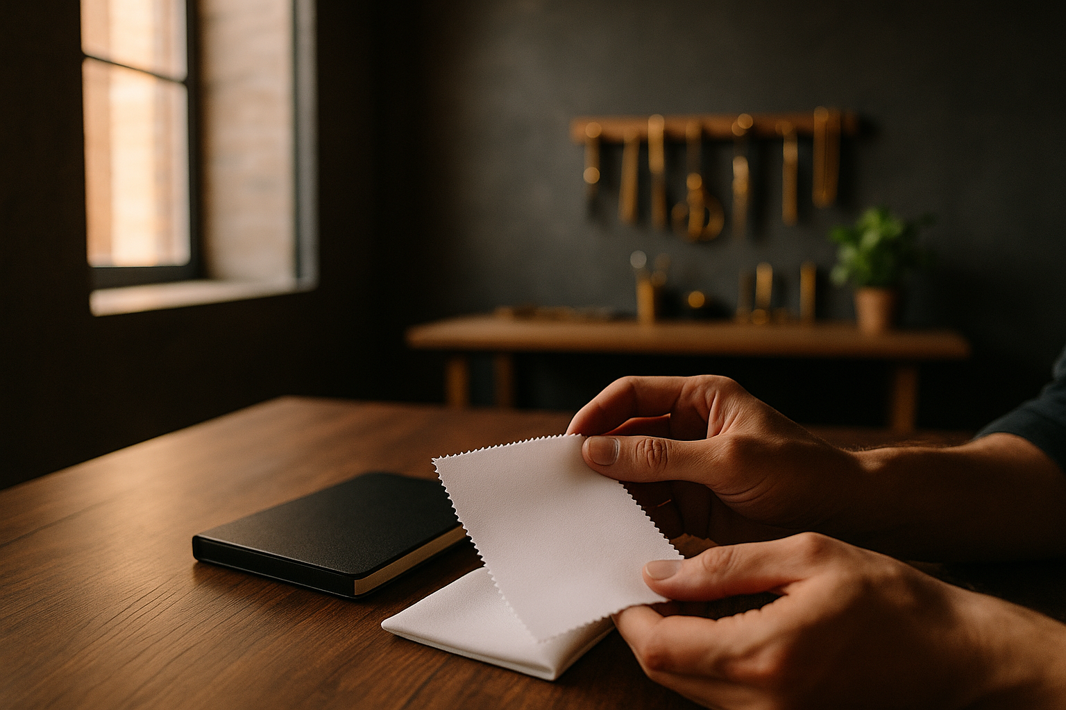 Hands inspecting white fabric swatch near black notebook in modern loft with tools and plant