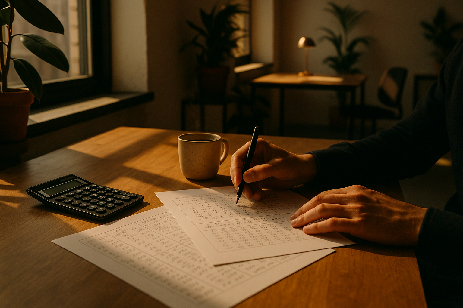 Hands over papers with charts, calculator, coffee in a warm, modern loft setting.