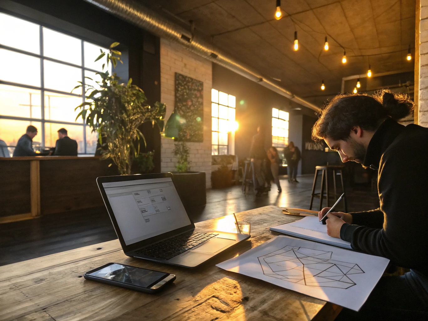 Hands sketching interconnected pathways near a laptop in a modern, minimalist co-working space.