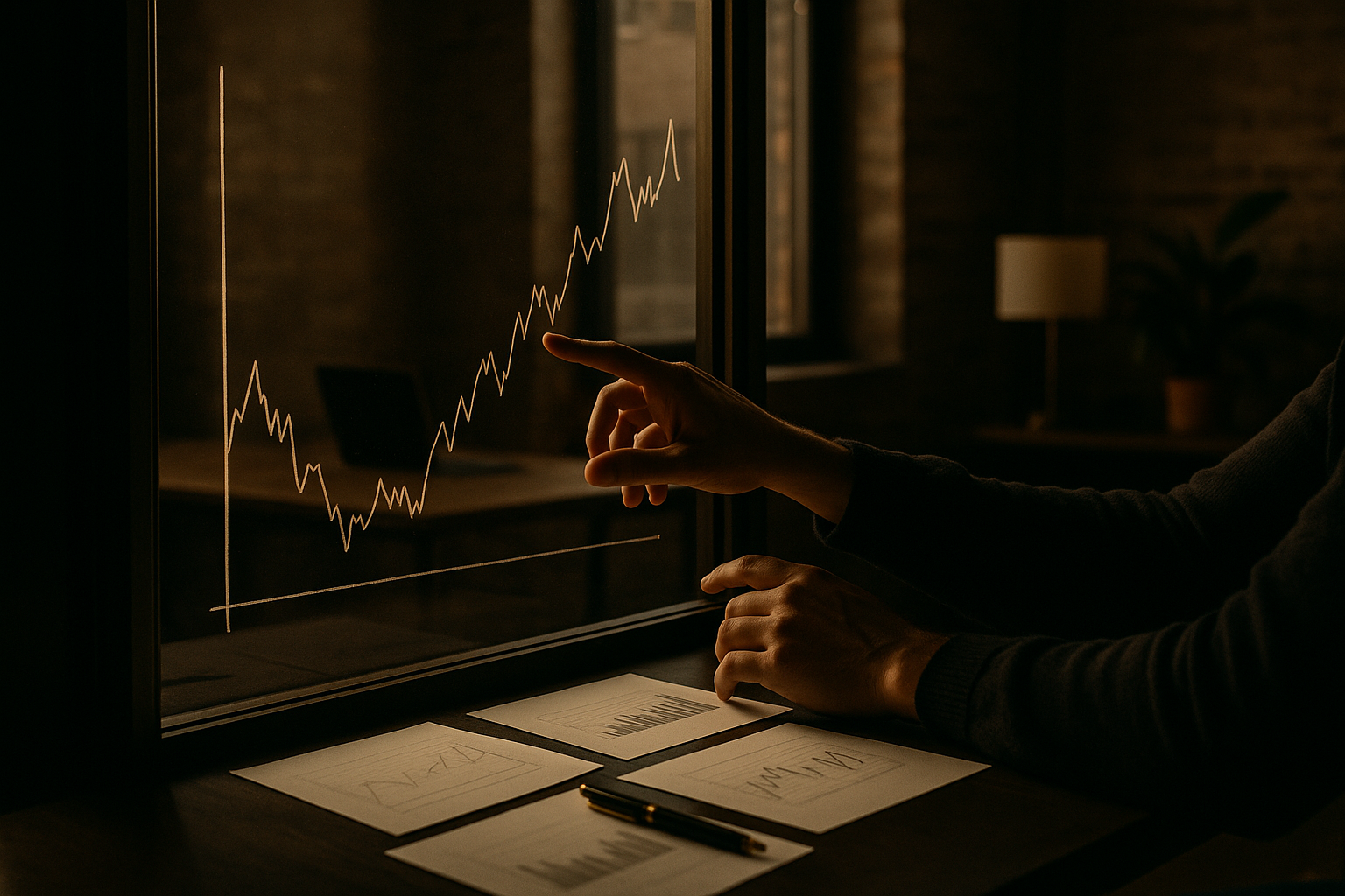 Hands tracing financial charts on glass in a modern loft workspace with papers and a fountain pen.