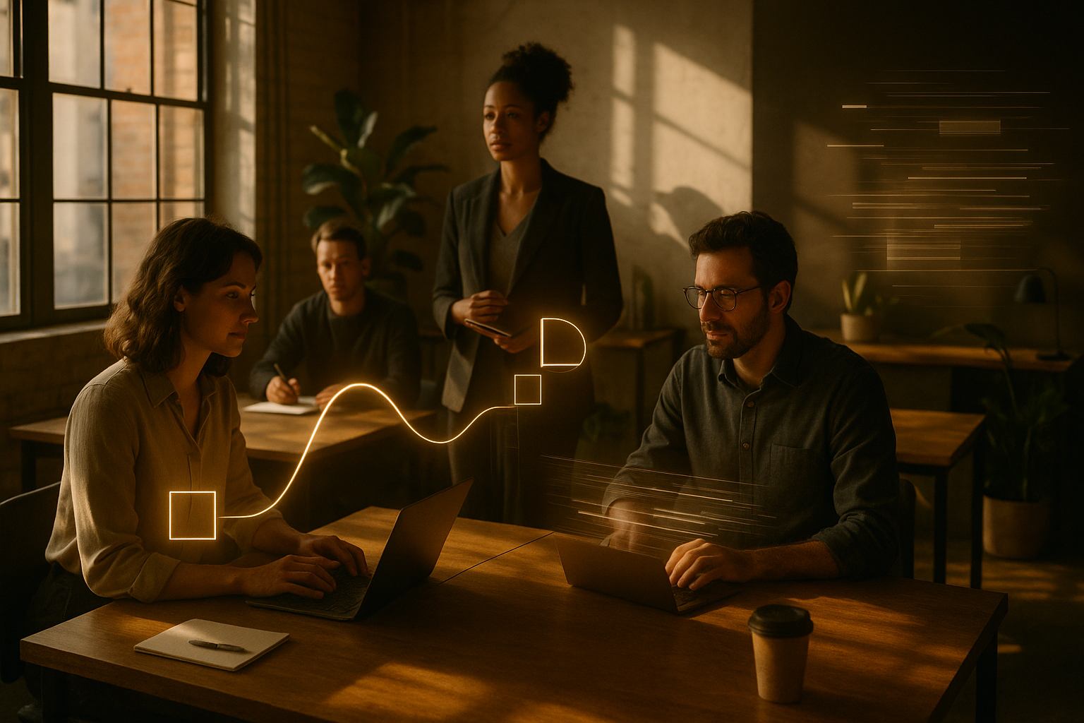 Professionals in a modern loft engaging with glowing abstract symbols representing flow and connection.
