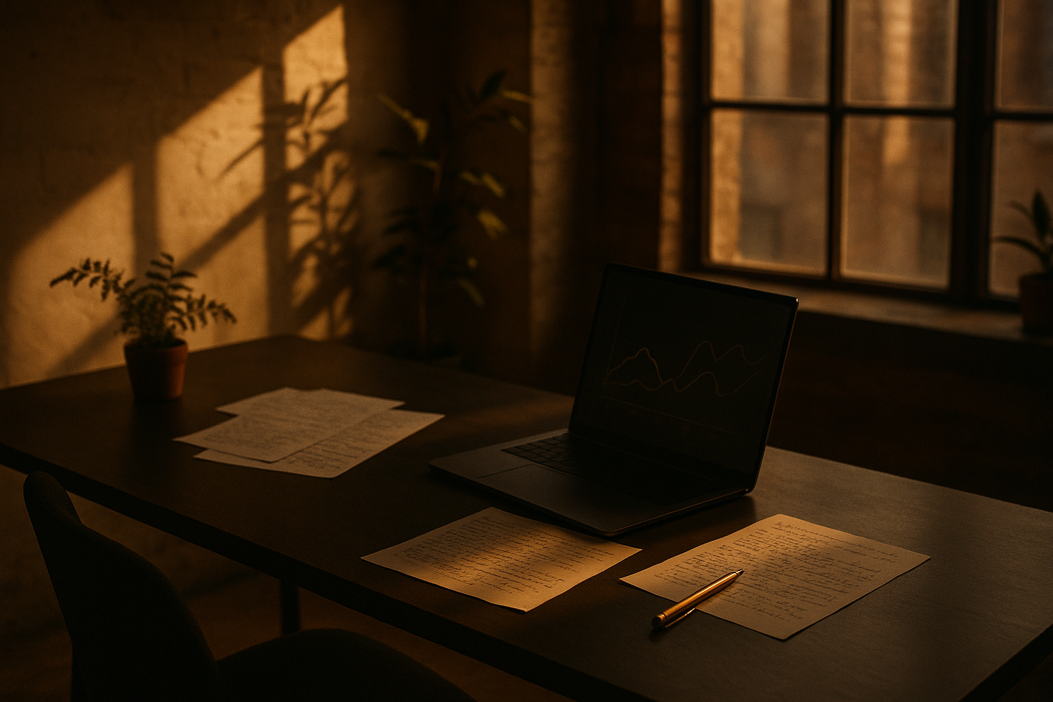 Serene co-working loft with desk, handwritten notes, laptop, gold pen, and plants in warm light.