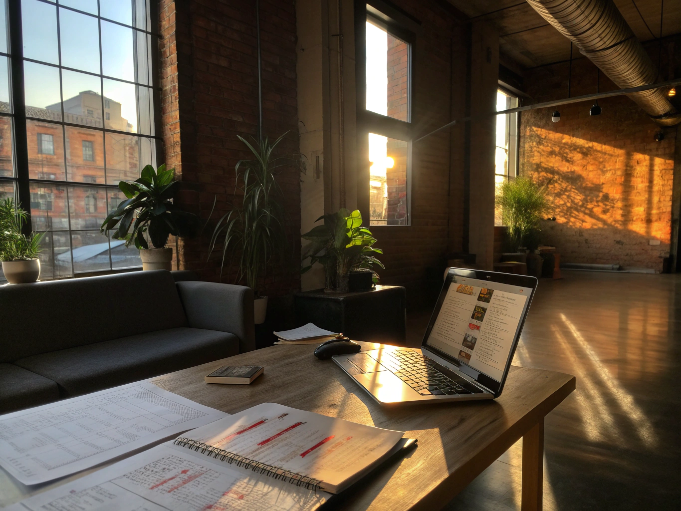Sunlit loft with workspace, glowing laptop displaying data streams, green plants, warm tones.