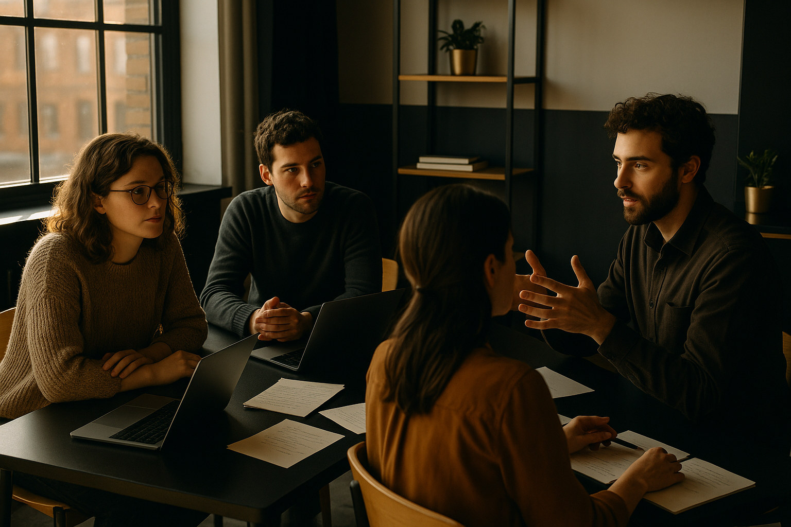 Thoughtful professionals discuss notes and laptops in a modern, warmly lit co-working loft.