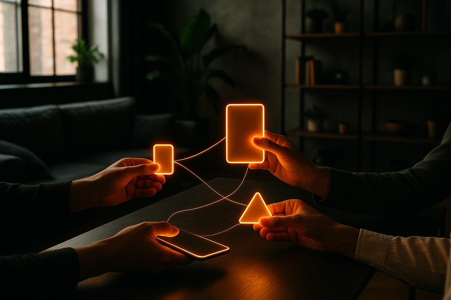 Three hands reach over a table holding glowing geometric shapes in a modern loft setting.
