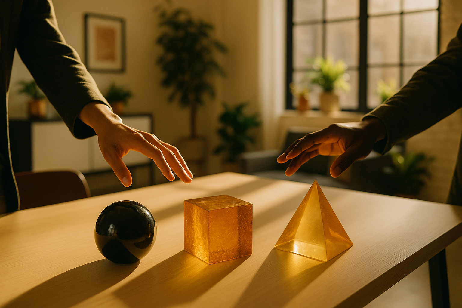 Three hands reach toward geometric shapes on a modern loft table in warm, natural light.