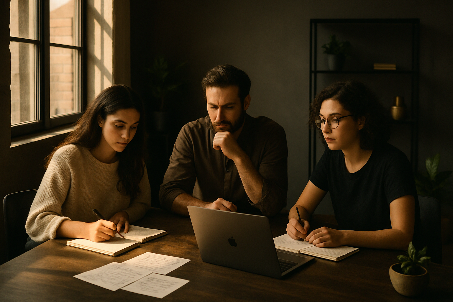 Three people collaborate over notebooks and laptop in a modern, well-lit loft workspace.