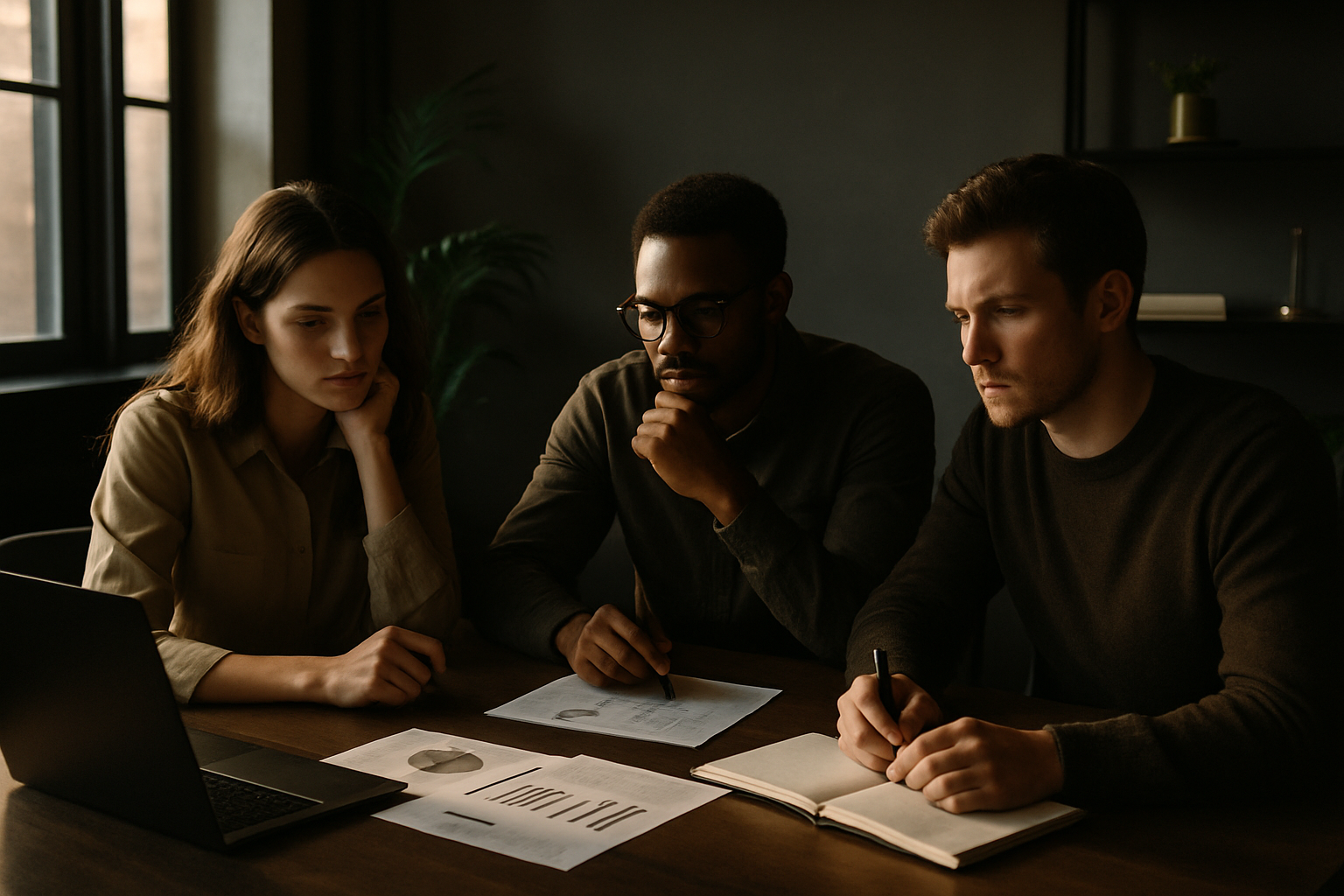 Three professionals discuss strategies amid charts in a modern, well-lit co-working loft.