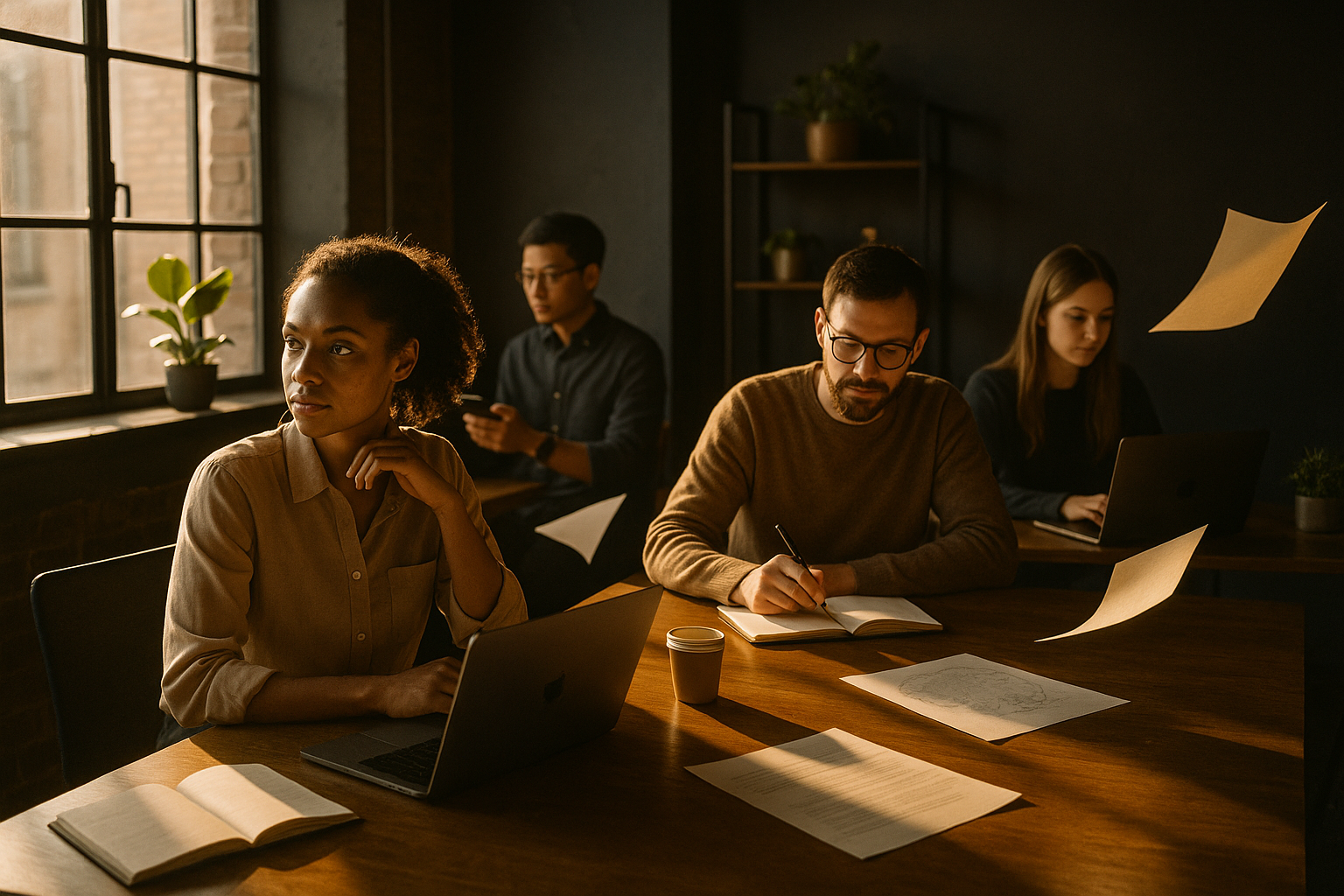 Candid co-working loft scene with thoughtful people, notebooks, screens, and creative materials.