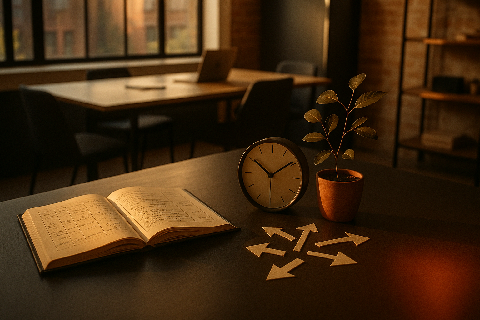 Candid co-working loft with ledger, clock, plant leaves, paper arrows, and warm glow.