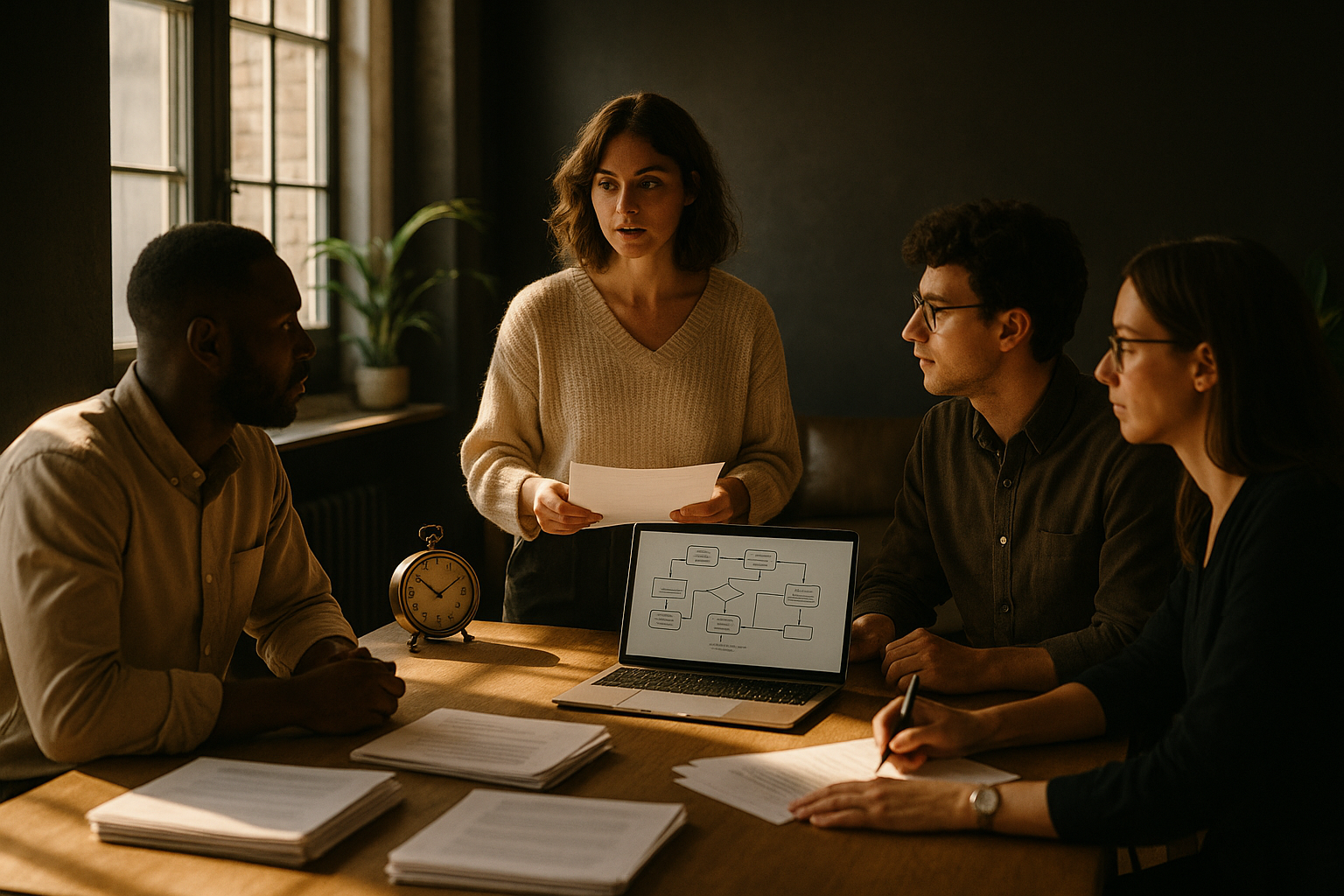 Candid co-working scene with people around a wooden table, laptop, papers, and vintage clock.