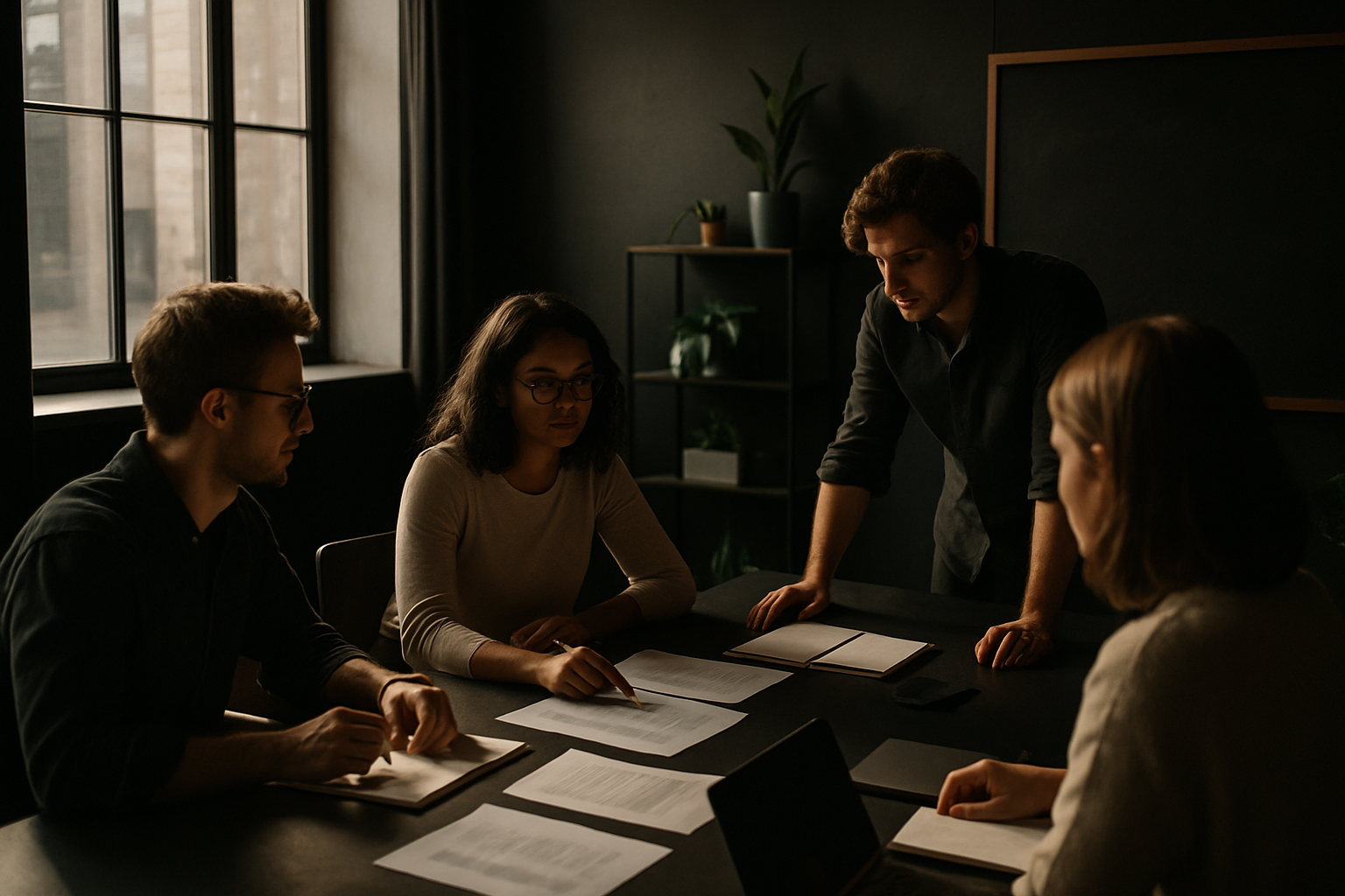 Candid co-working scene with people discussing amid papers and devices in warm, modern loft.