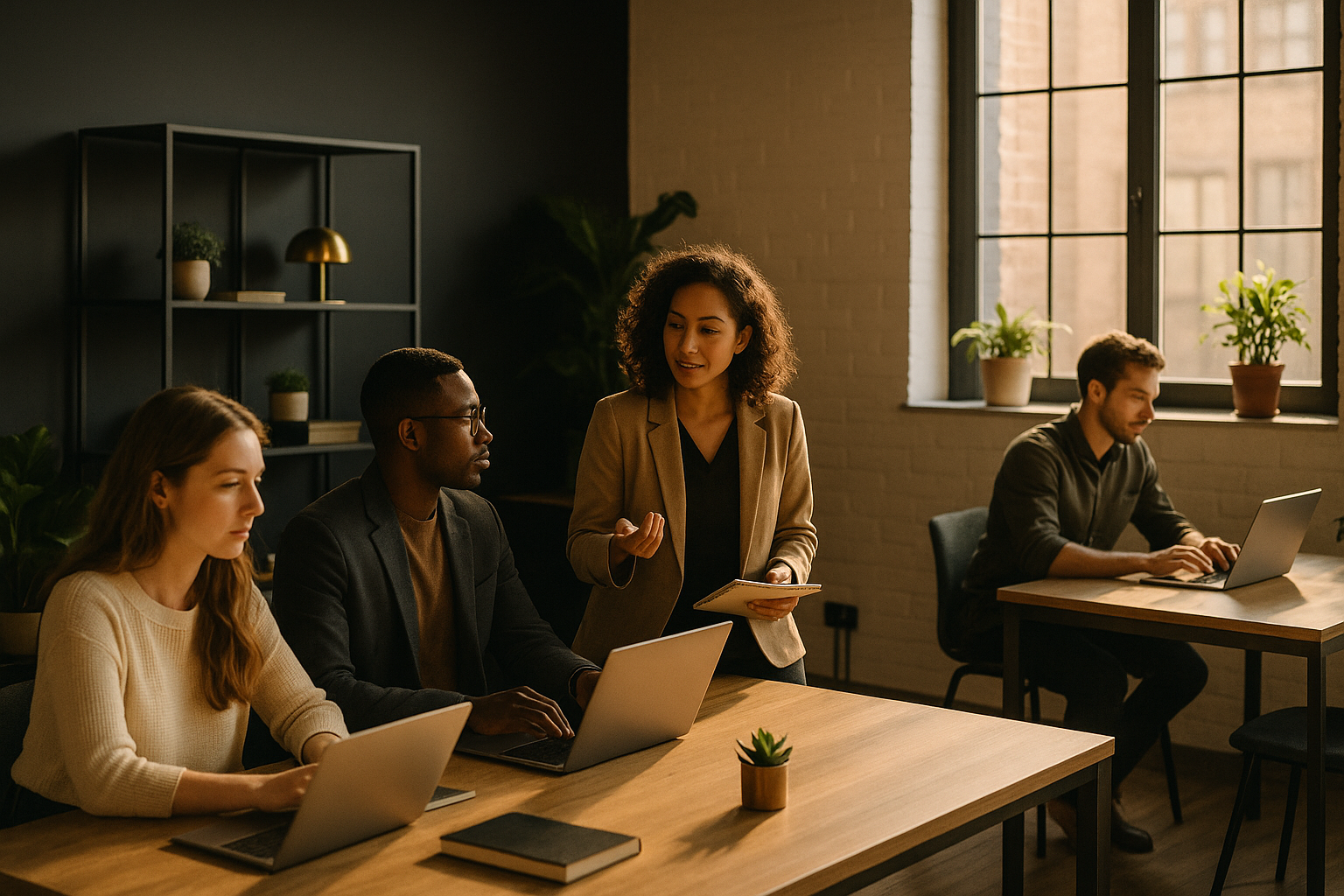 Candid co-working space with diverse groups, natural light, warm tones, plants, and modern decor.