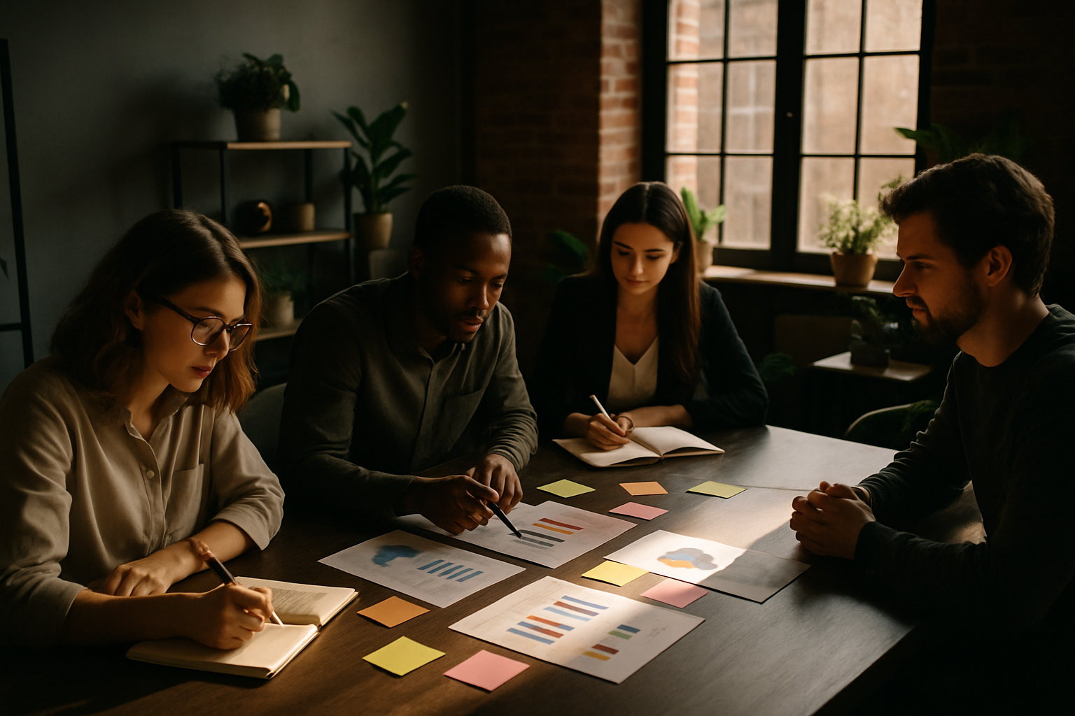 Candid group collaborates in a modern loft with notebooks, charts, sticky notes, and plants.