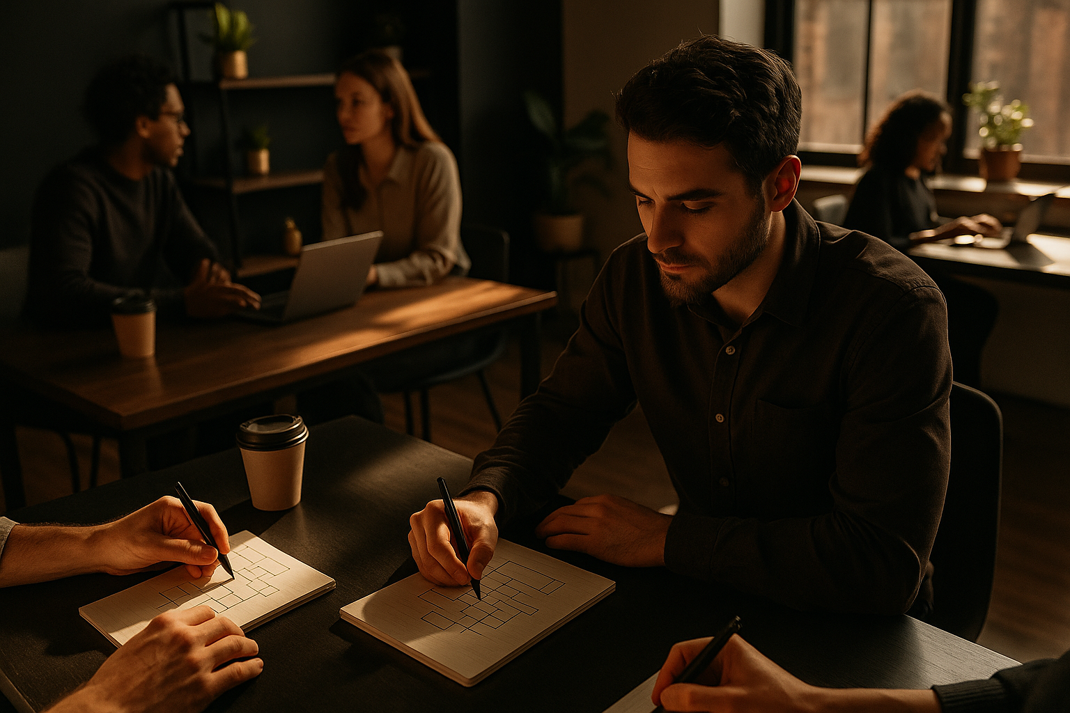 Candid group of professionals sketching flowcharts in a modern, warmly lit co-working loft.