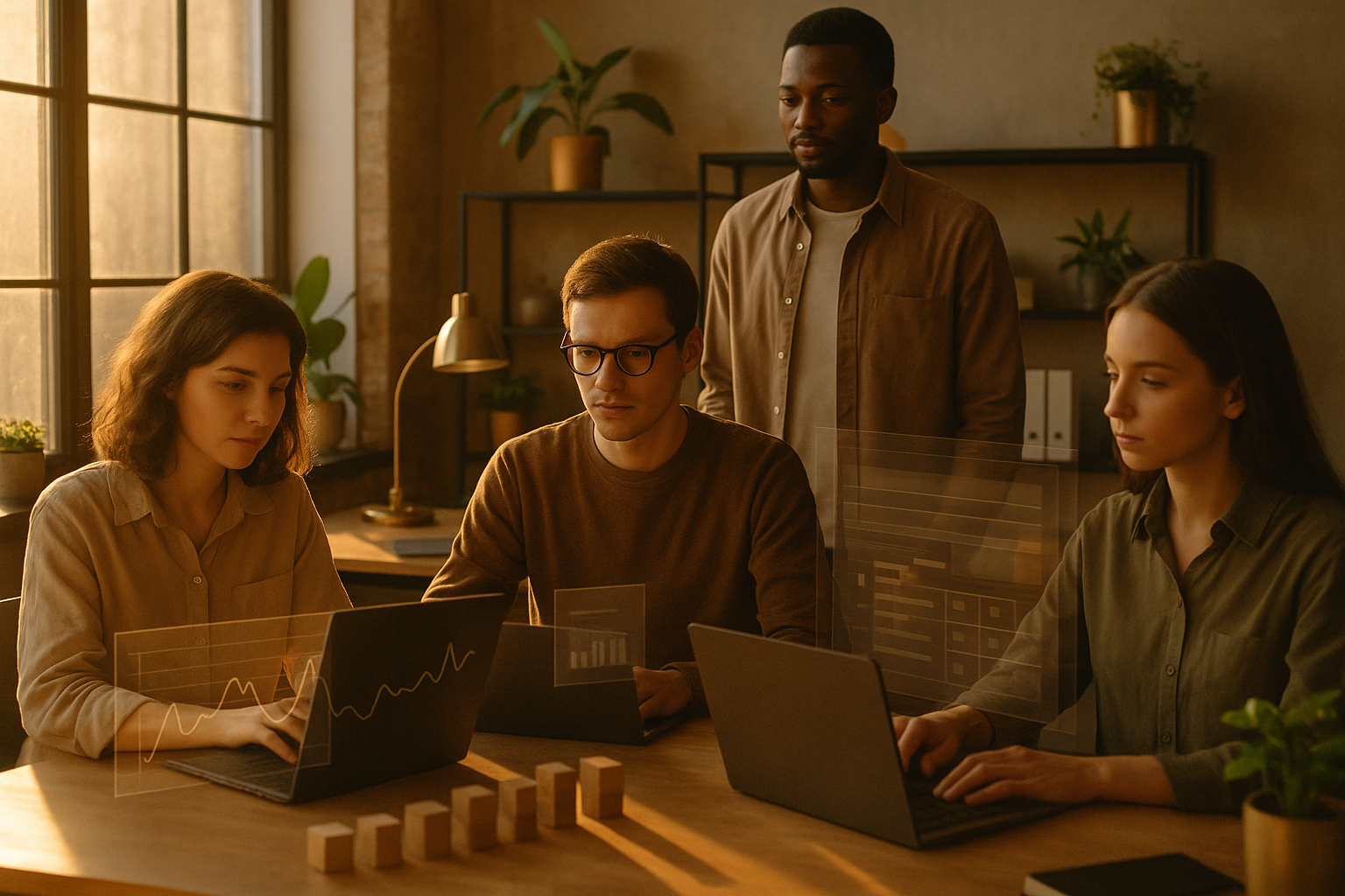 Candid group working in modern loft with graphs, screens, and inventory blocks in warm light.