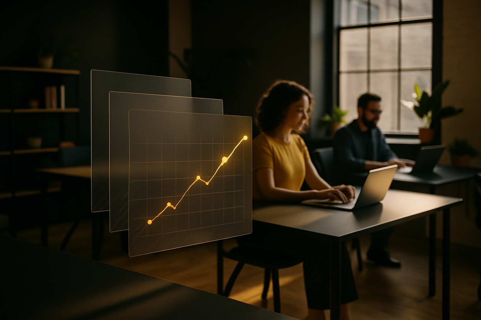 Candid loft scene with data flow visuals, warm tones, natural elements, and modern workspace.