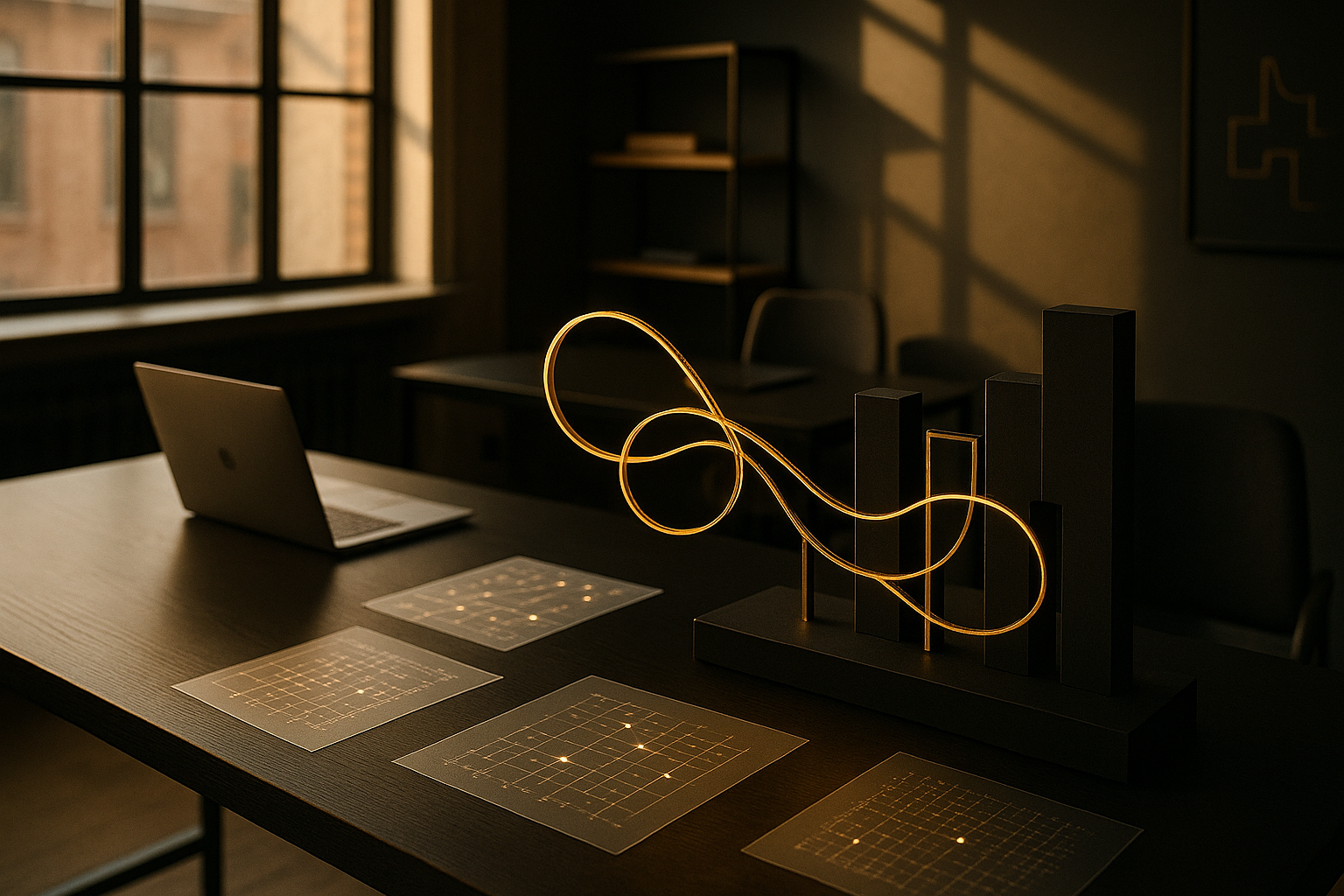 Candid loft scene with golden threads, data grids, and glowing nodes in a modern workspace.