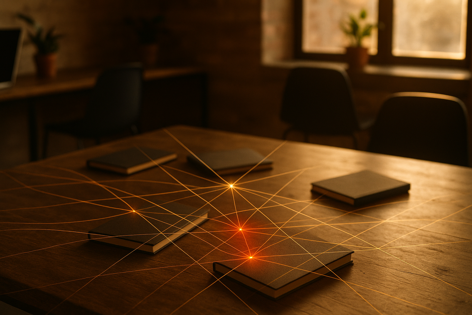 Candid loft scene with golden threads, notebooks, glowing signals, open chairs, and natural light.
