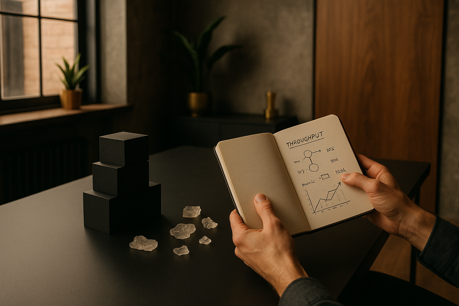Candid loft scene with hand holding notebook, geometric blocks, and abstract elements on black table.