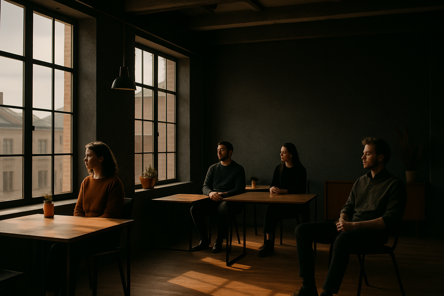Candid loft scene with people seated, natural light, warm tones, minimalist decor, and calm atmosphere.