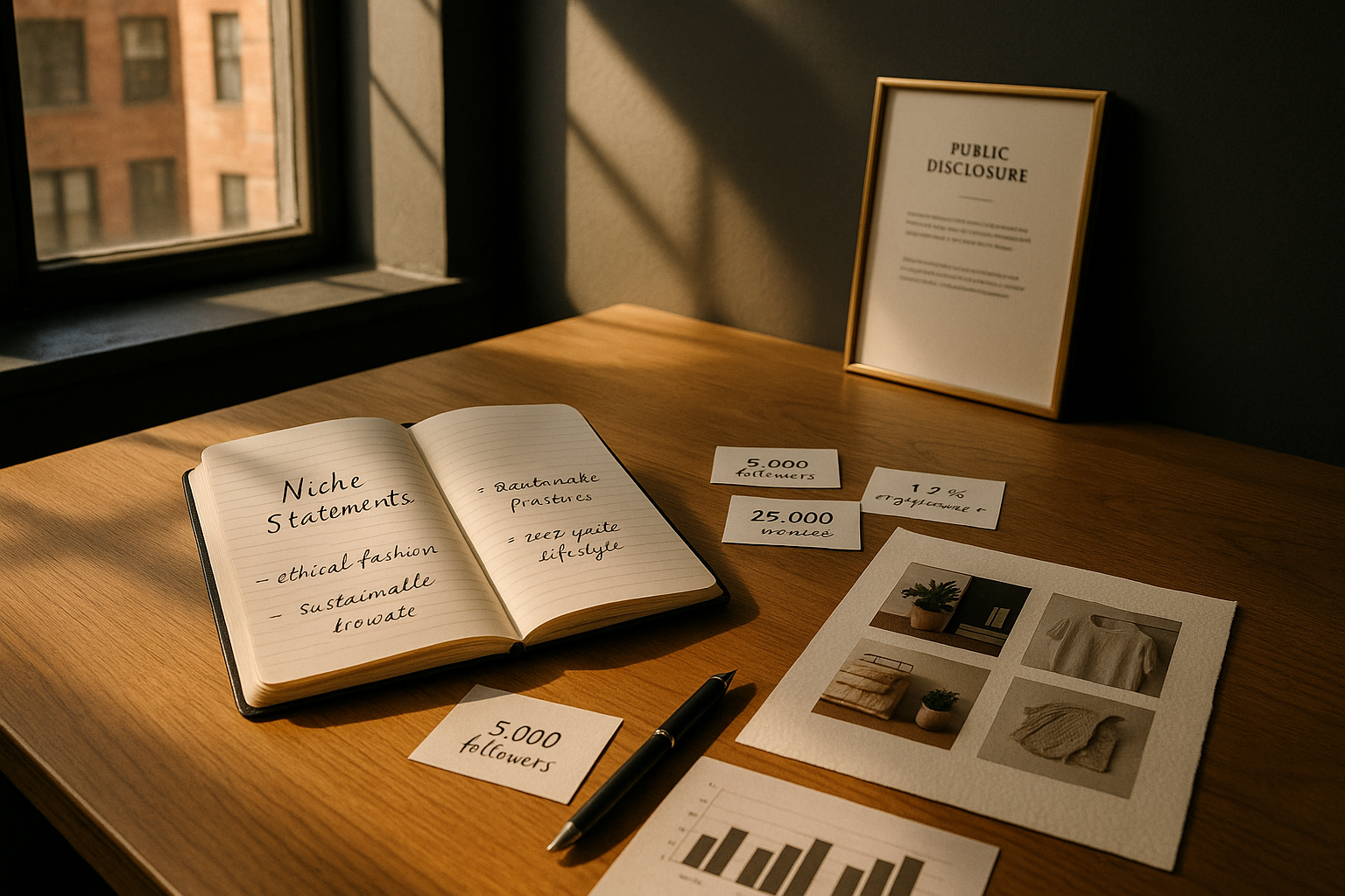 Candid workspace with handwritten notes, charts, media samples, and a disclosure note in modern loft.
