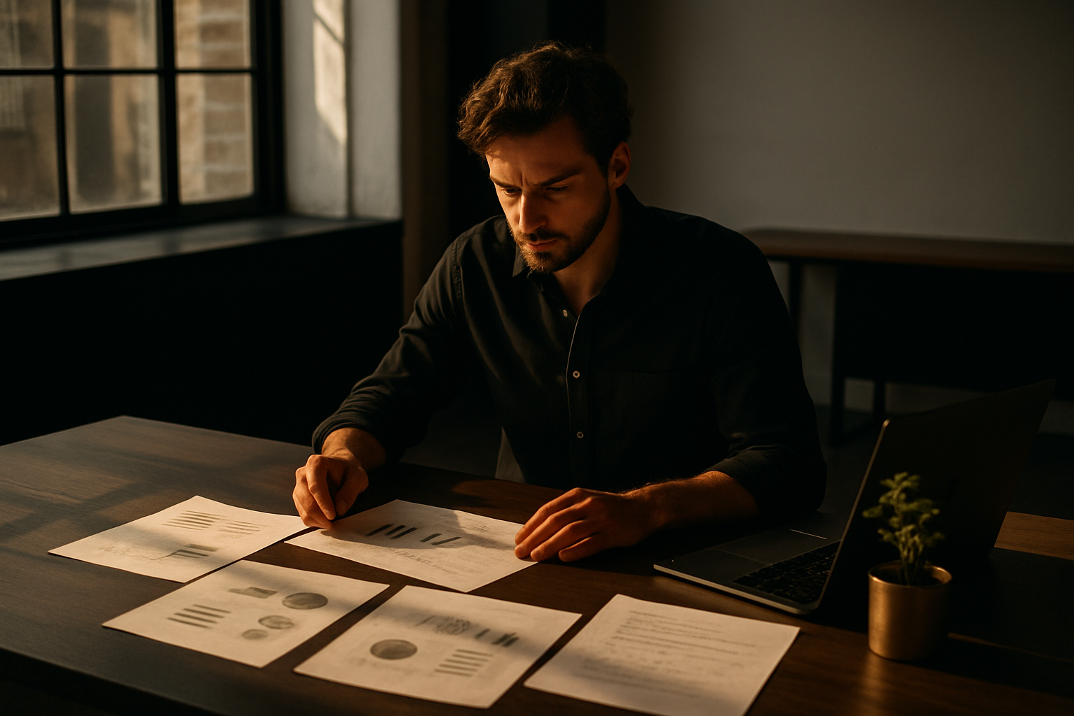 Candid workspace with papers, laptop, plant, and warm natural light in a modern loft.