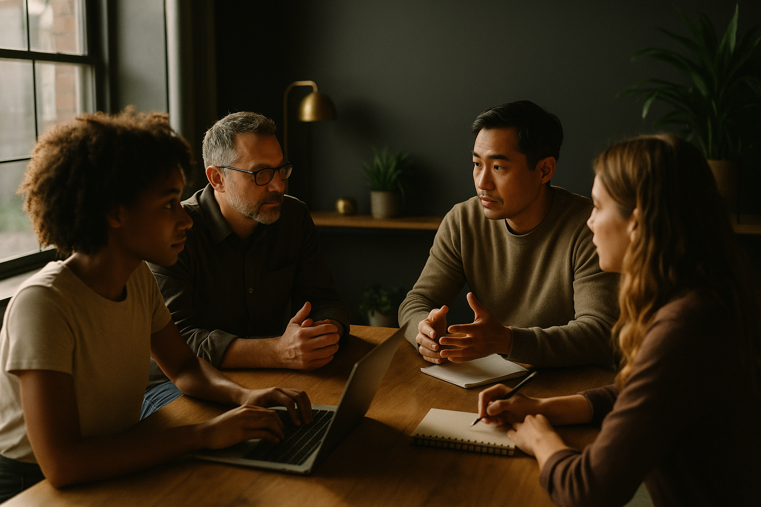 Diverse group collaborating in a bright co-working loft with warm lighting and modern decor.