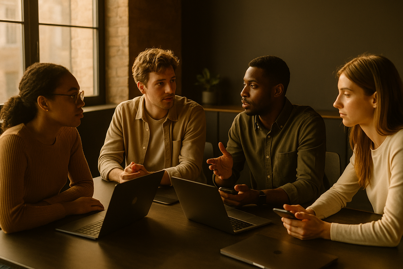 Diverse group discussing with laptops in modern loft, bathed in warm late-afternoon light.