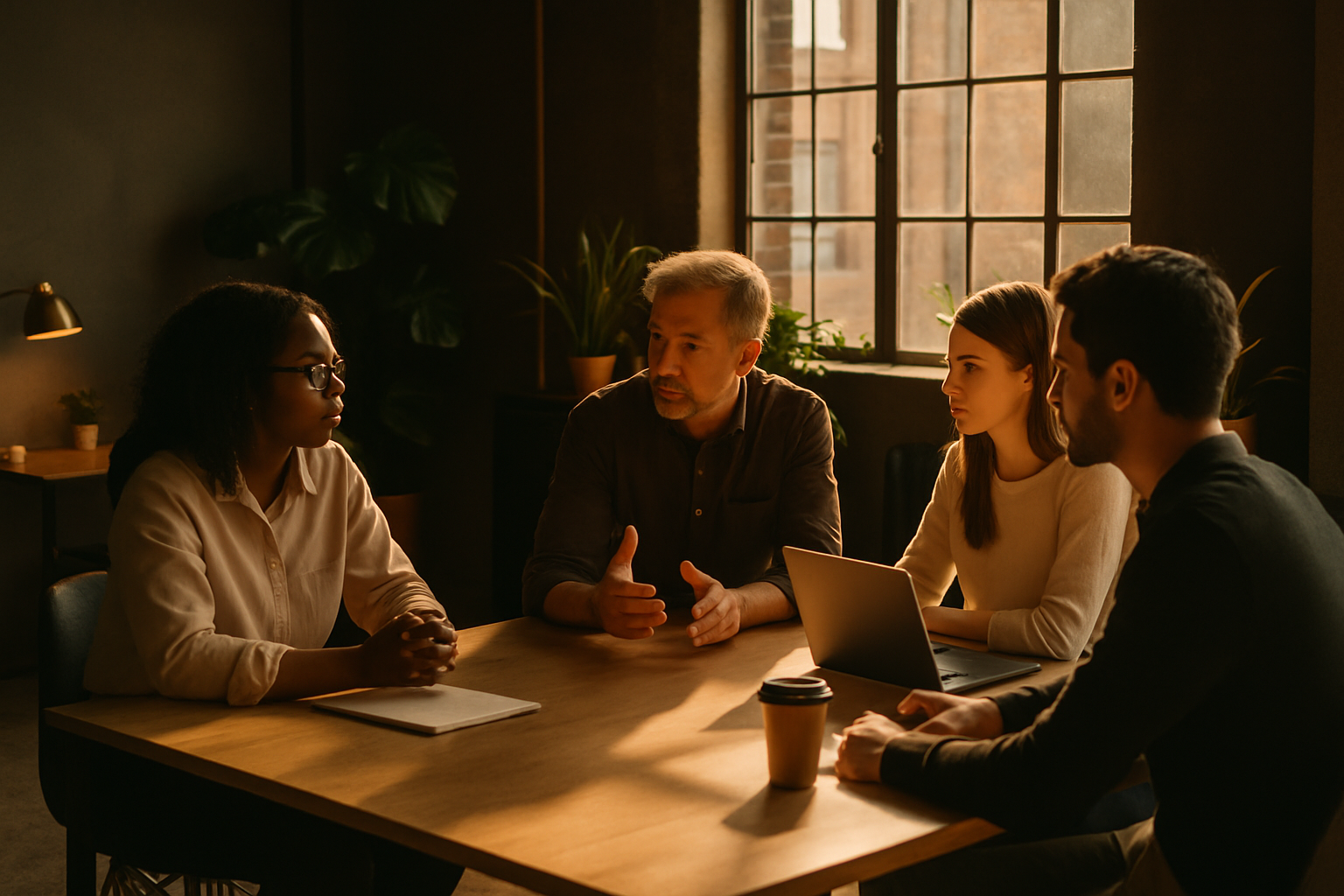 Diverse professionals collaborate around a minimalist table in a warm, modern co-working loft.