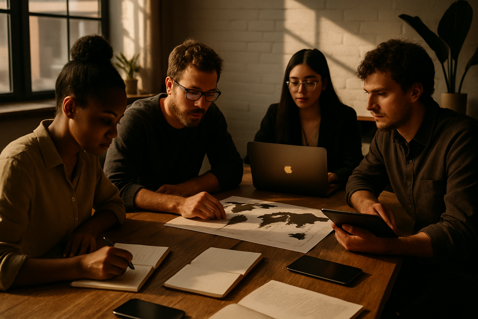 Diverse team collaborating around a wooden table with maps, notebooks, and digital devices in a modern loft.