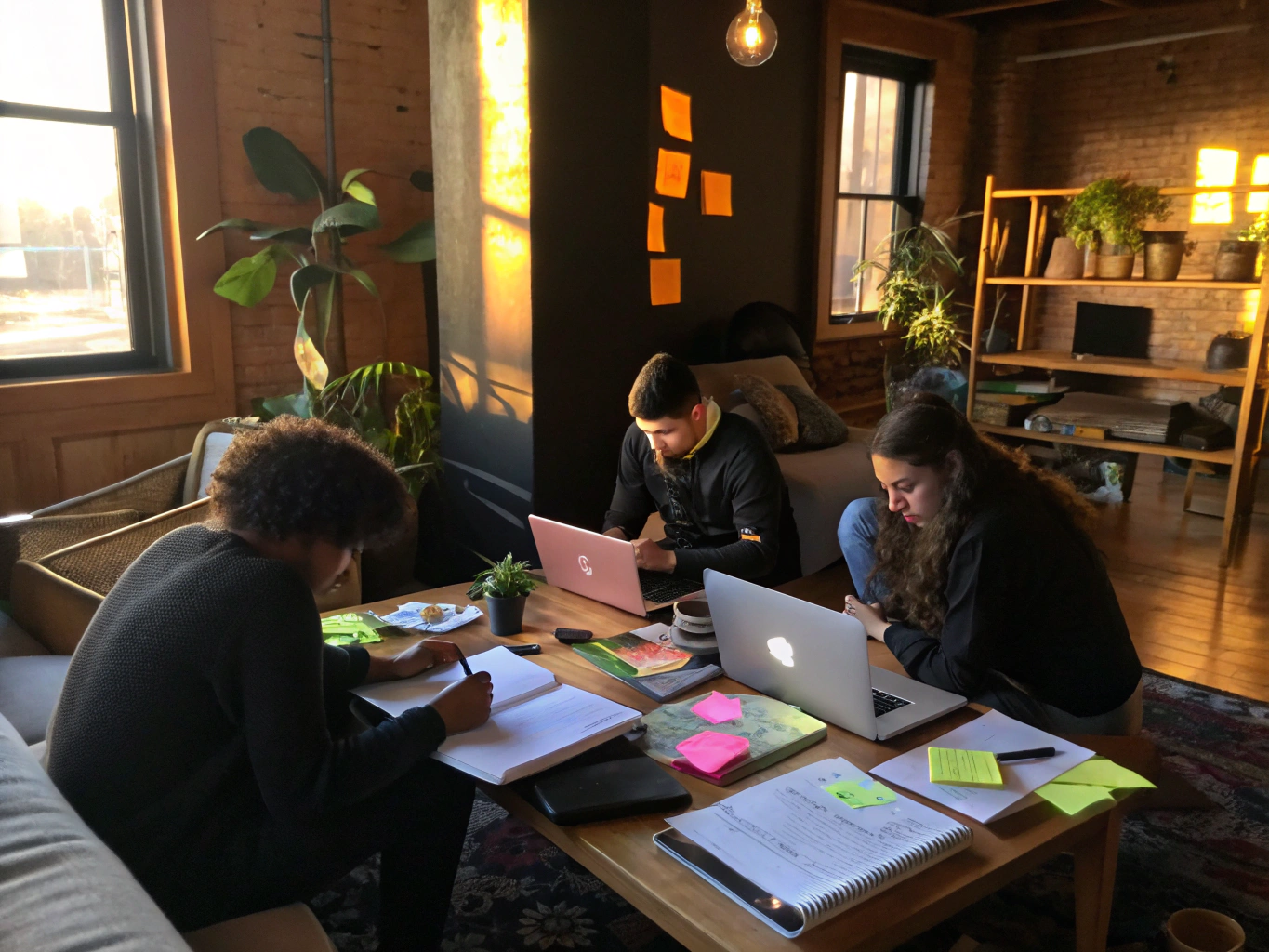 Diverse young creatives collaborate around a sunlit table with notebooks, laptops, and sticky notes in a modern loft.
