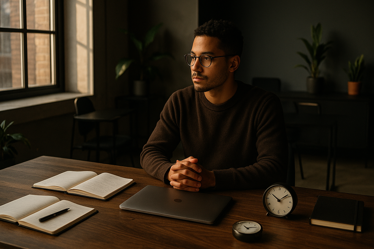 Focused individual in modern loft workspace with notebooks, laptop, and time-tracking tools.