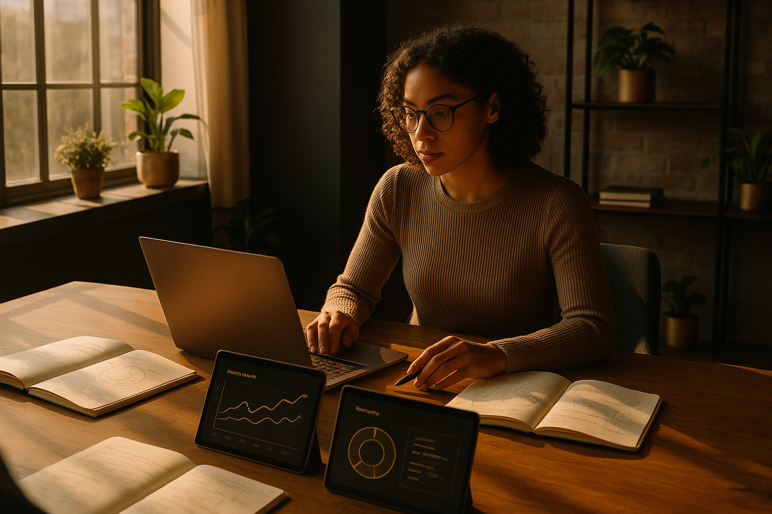 Focused individual studying notebooks and digital charts in a modern loft with warm lighting.